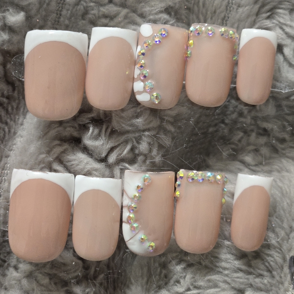 Nude Pink French Tip Press-On Nails with Rhinestones - Women Makeup